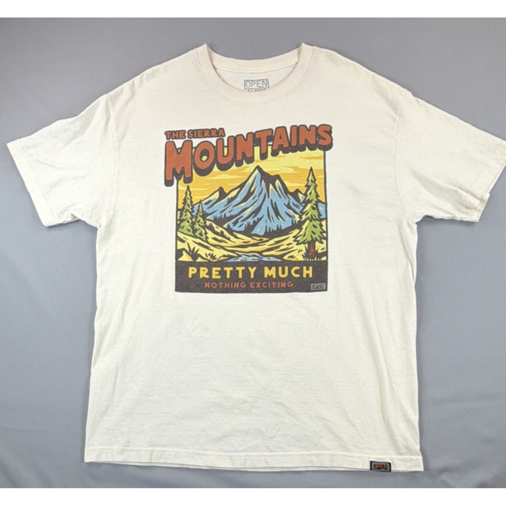 Open Trails Mountains Graphic Tee Men's XL Beige Y2K Outdoor Vintage Style